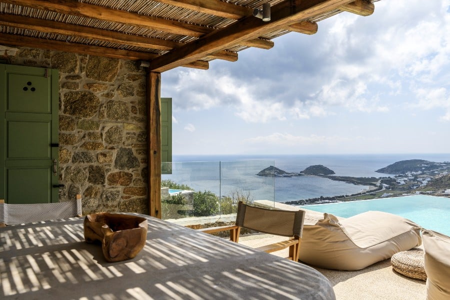 Enjoy the sea view from a wonderful terrace in Mykonos best villa for rent.