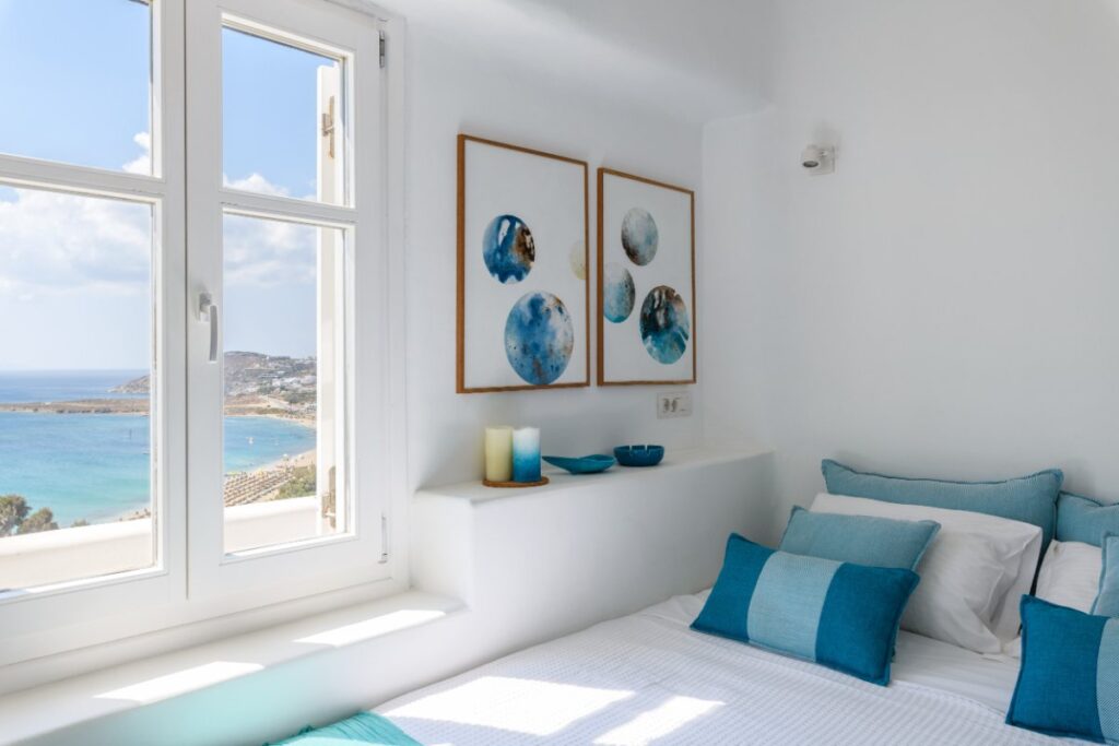 Bedroom with a sea view, Mykonos rental villa.