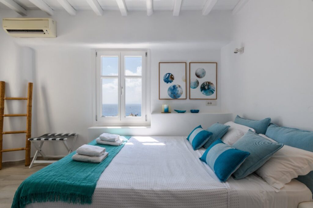 Spacious bedroom in Mykonos villa for rent.