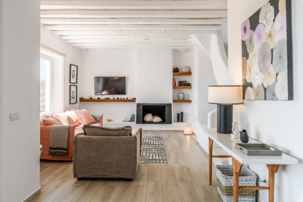 Super cozy living room in Mykonos finest villa for rent.