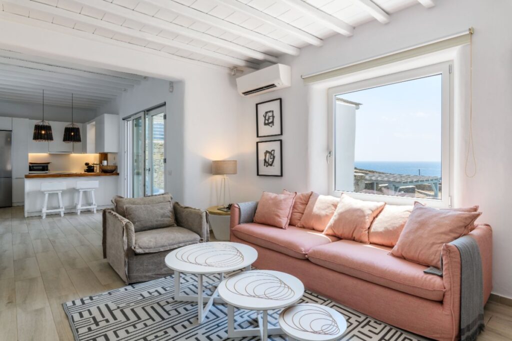 Elegant and cozy living room in the finest Mykonos villa for rent.