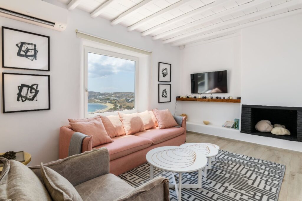 Living room with a sea view, Mykonos villa for rent.