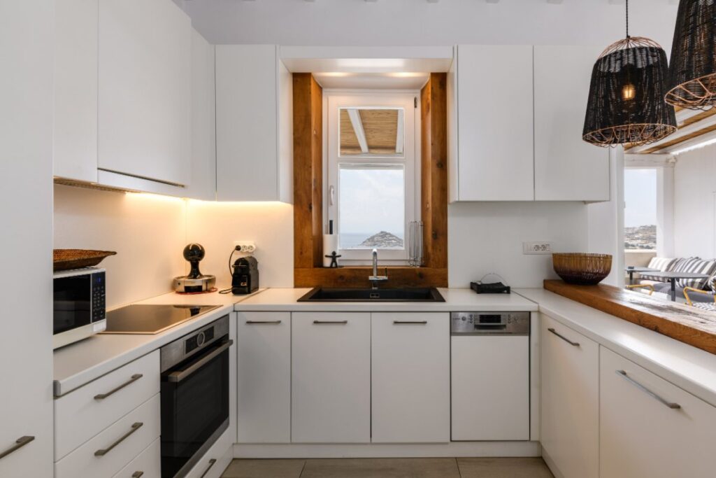 Modern kitchen in the best rental home, Mykonos.