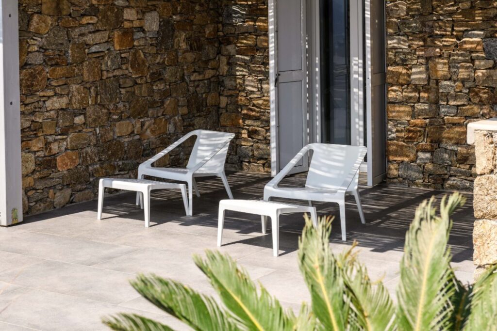 A terrace in Mykonos villa for rent.