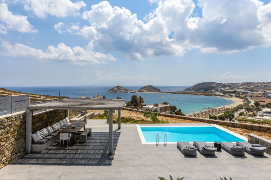 Mykonos and the Aegean Sea viewed from a luxurious villa, ready for rent.