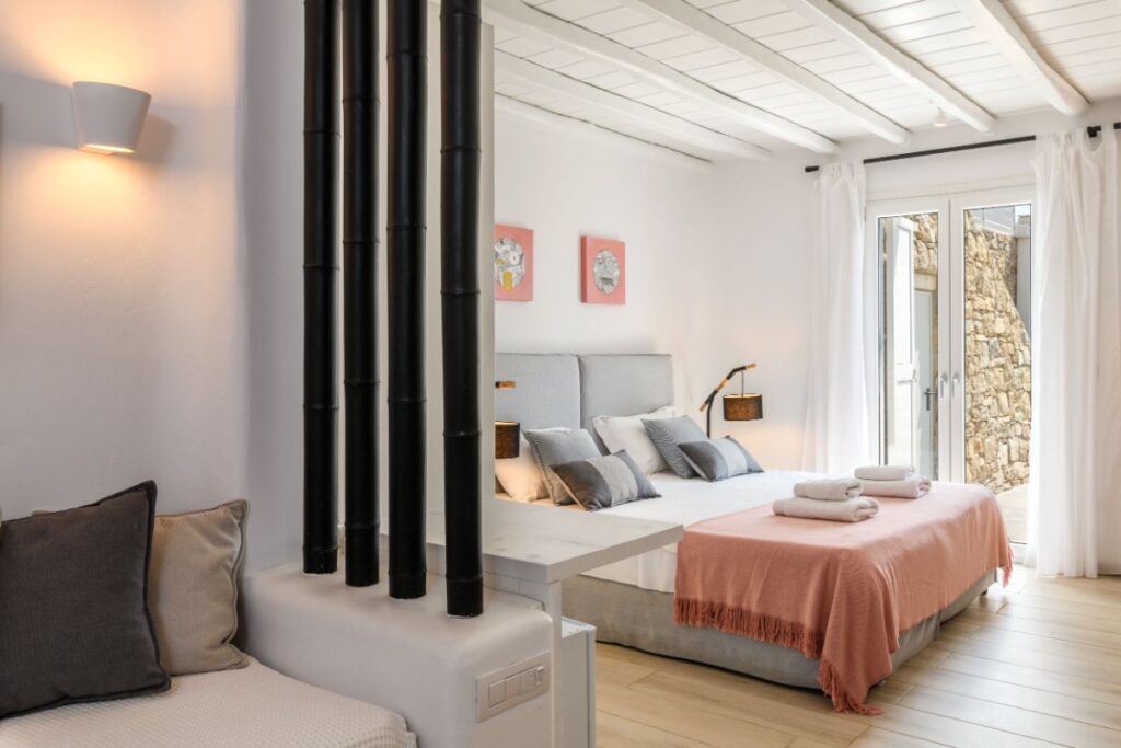 Spacious and luxurious bedroom in Mykonos best villa for rent.