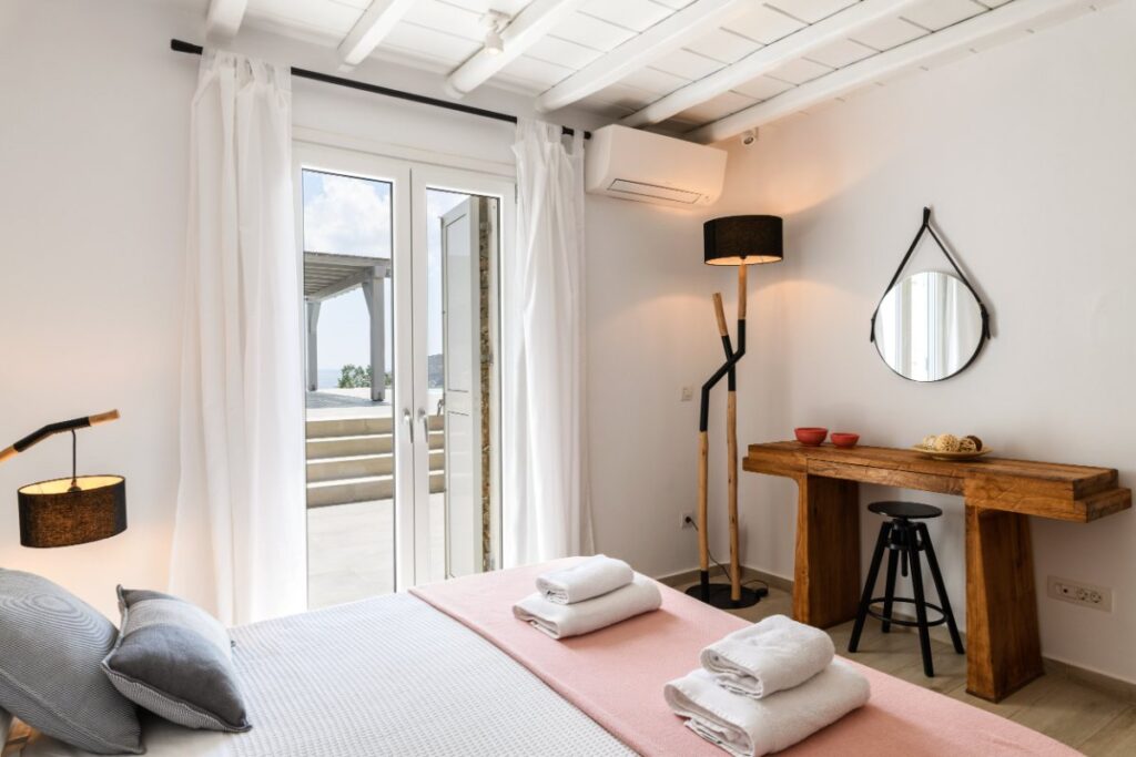 Luxurious bedroom in Mykonos exceptional villa for rent.