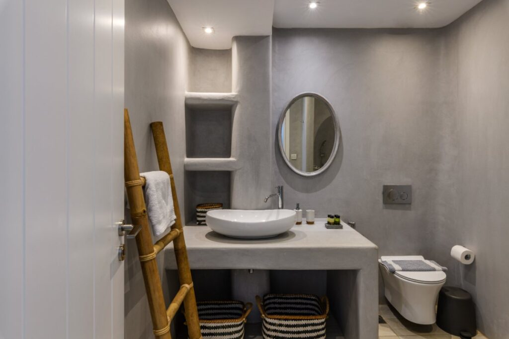 Luxurious bathroom in Mykonos villa for booking.