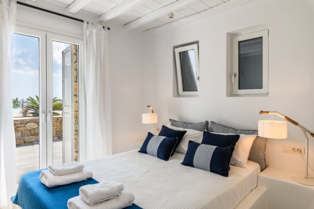 Comfy and spacious bedroom in Mykonos villa for rent.