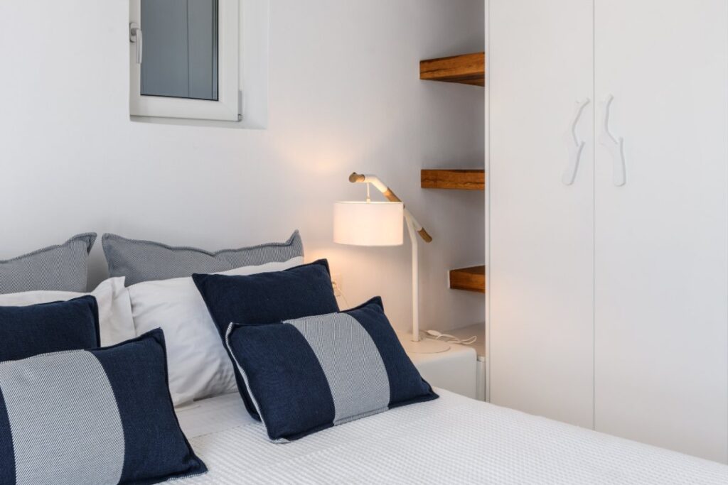 Mykonos rental villa and its lavish bedroom.