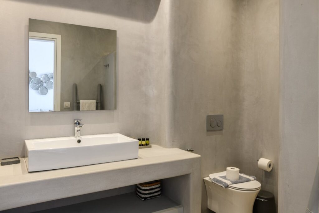 Modern and spacious bathroom in a splendid Mykonos villa for rent.