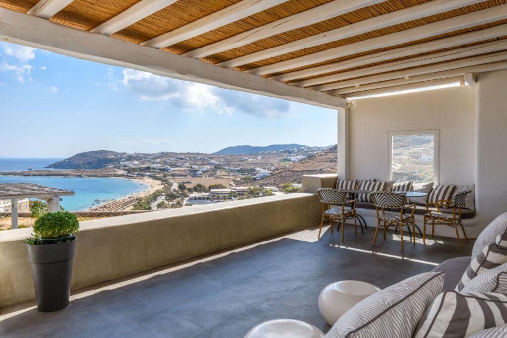 Spacious and comfy terrace in Mykonos villa for rent, Greece.