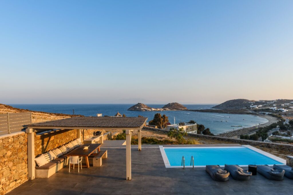 Spectacular view, private pool, and a terrace in Mykonos finest villa for rent.