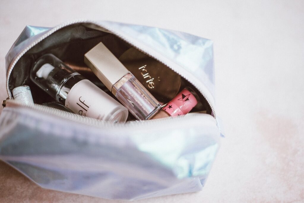 a silver makeup bag