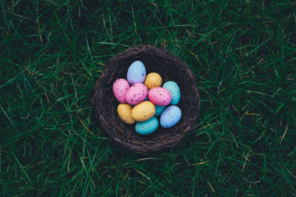 easter eggs in a basket on the grass