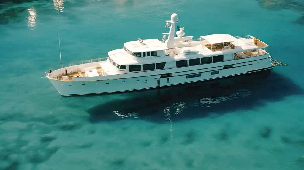 Luxury yacht in azure seas parked in a beautiful blue bay. Motorboat anchored near a beautiful mediterranean island. Ai generative