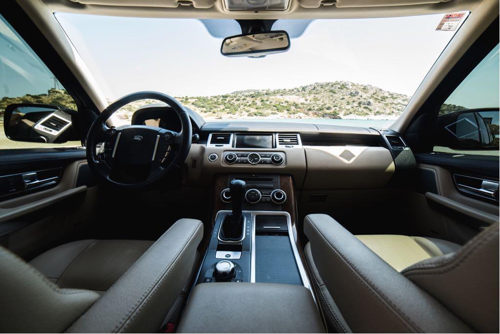 The inside of a car parked on the coast of Mykonos