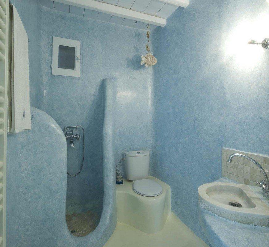blue wall bathroom with shower and toilet