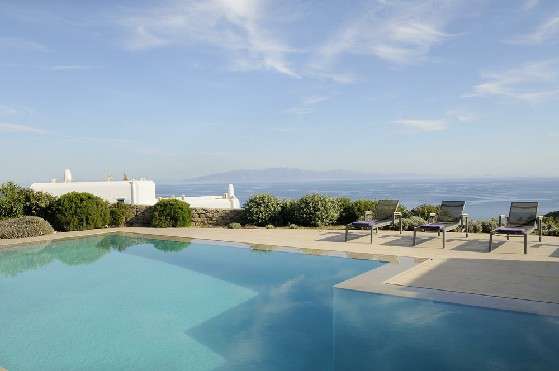 Villa Elizabeth, Aleomandra, Mykonos, landscape, swimming pool, sunbeds, nature, bushes, panoramic sea view