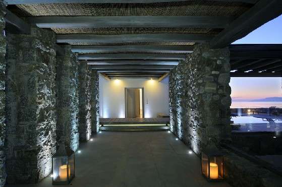 Villa Elizabeth, Aleomandra, Mykonos, hallway, stone walls, lanterns, wooden ceiling, porch, swimming pool, panoramic sea view