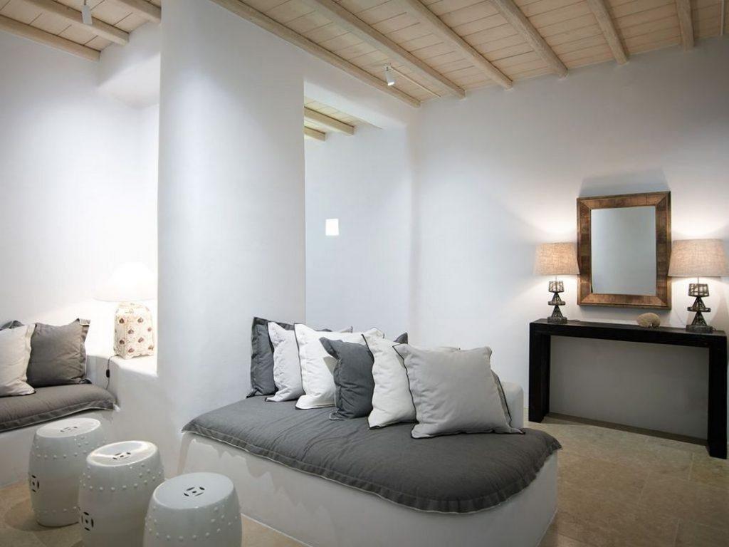 Villa Supreme Paraga Mykonos living room, mirror, pillows