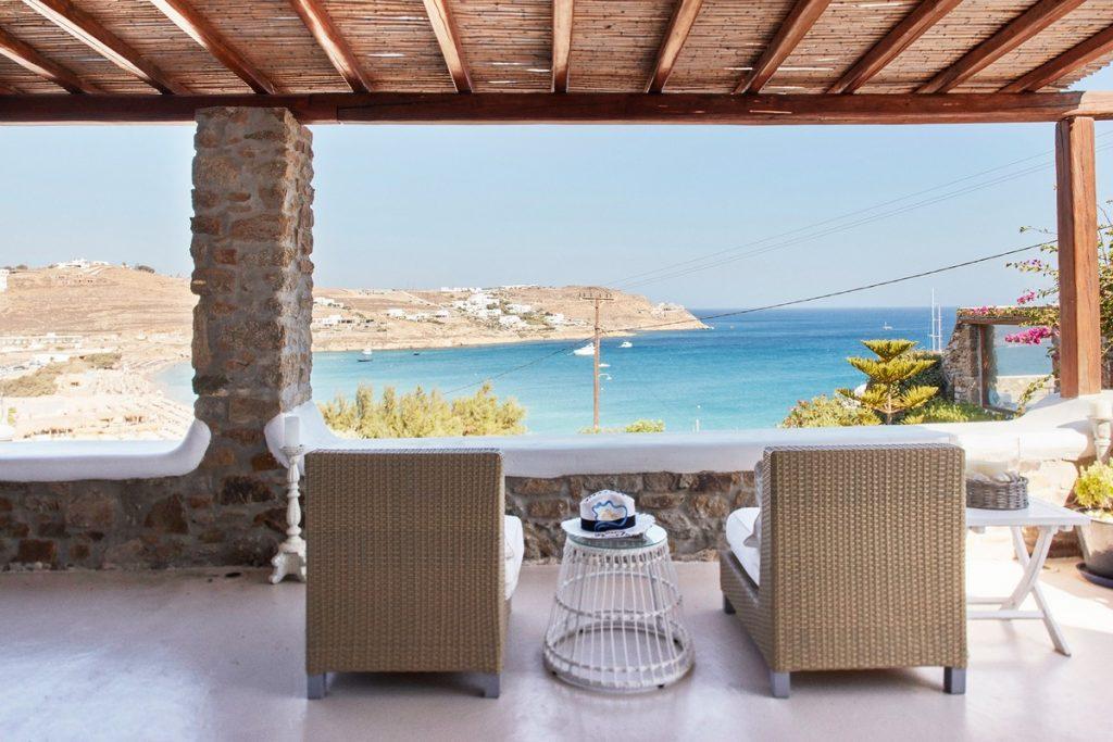 Villa Madelaine Kalo Livadi Mykonos Outdoor sun beds and the panoramic view 1
