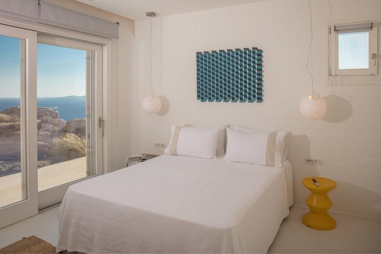 Villa_Nika_19.jpg Tourlos Mykonos 3rd Bedroom, lamp, night table, bed, pillows