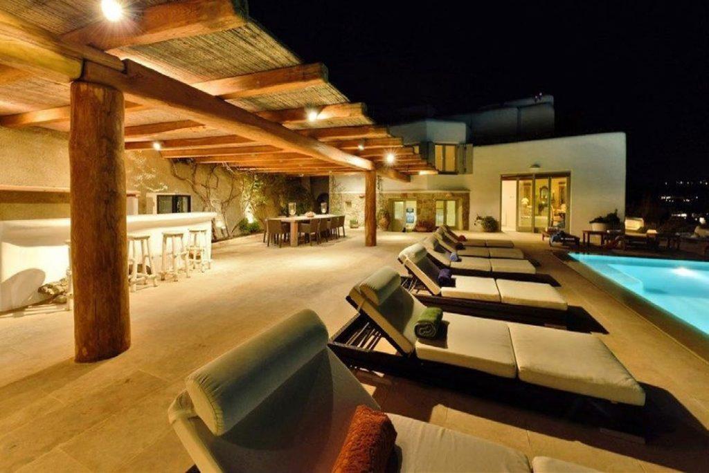 Villa Felicia Agios Lazaros Mykonos, outdoor, sun beds, pool, high chairs, night, lights