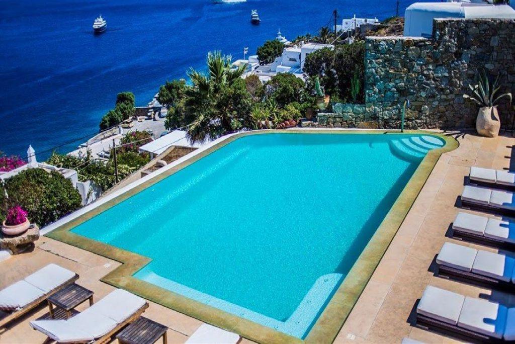 Villa Felicia Agios Lazaros Mykonos, outdoor, pool, climbers, sun beds, tables, sea, boats