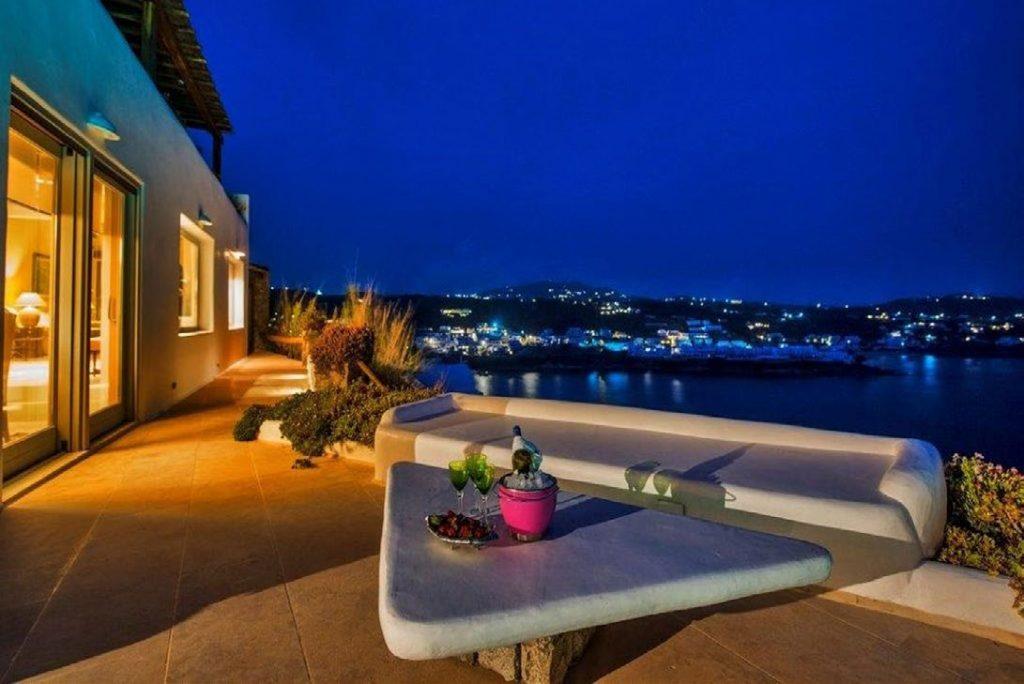 Villa Felicia Agios Lazaros Mykonos, outdoor, sofa, table, drinks, glasses, night, lights