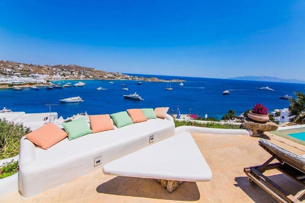 Villa Felicia Agios Lazaros Mykonos, outdoor, sofa, pillows, table, sea, sky, boats