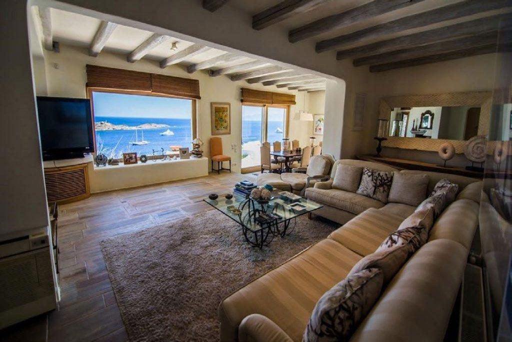 Villa Felicia Agios Lazaros Mykonos, living room, flat screen TV, sofa, pillows, table