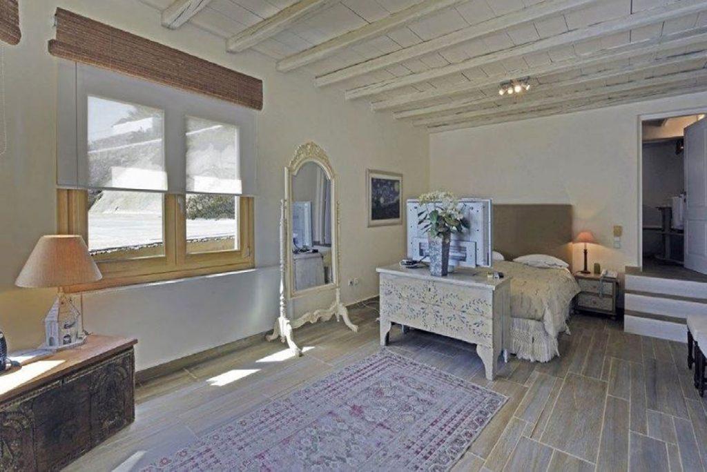 Villa Felicia Agios Lazaros Mykonos, 3rd bedroom, bed, pillows, nightstand, lamp, mirror, flat screen TV