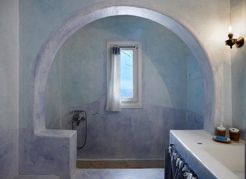 Villa Elie, Agios Lazaros, Mykonos, Mirror, Shower, Window, Bathroom, Sink, Sea view, Sky