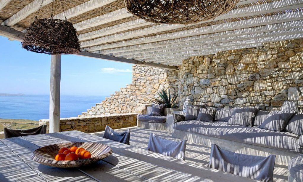 Villa Gianna, Fanari, Mykonos, Sky, Sea, Sea view, Stone wall, Sofa, Pillows, , Stone, Cloud