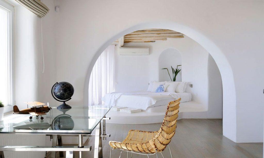 Villa Gianna, Fanari, Mykonos, Master bed, Pillow, A/C, Airplane, Chair, Globe, Plant, Glass table