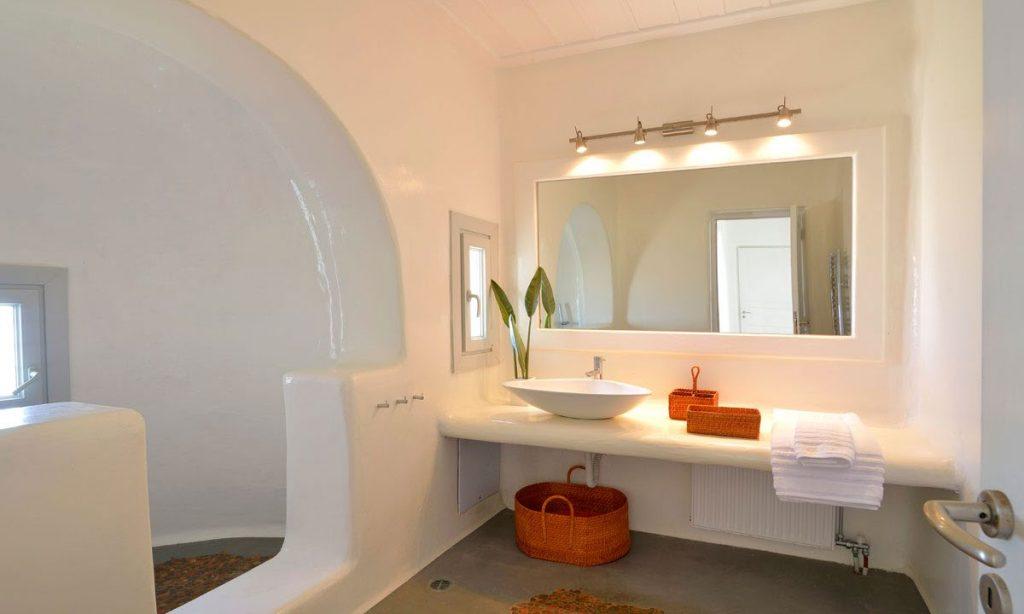Villa Gianna, Fanari, Mykonos, Mirror, Sink, Window, Shower, Bathroom, Towel, Basket, Lamps, Lights
