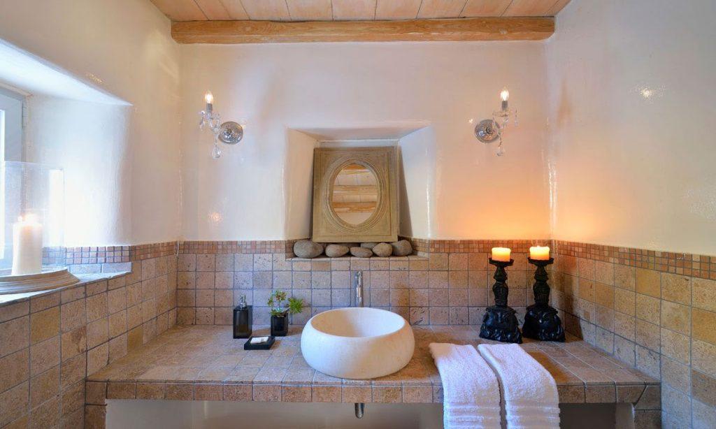 Villa Gianna, Fanari, Mykonos, White wall, Mirror, Shower, Sink, Towel, Door, Window, Bathroom