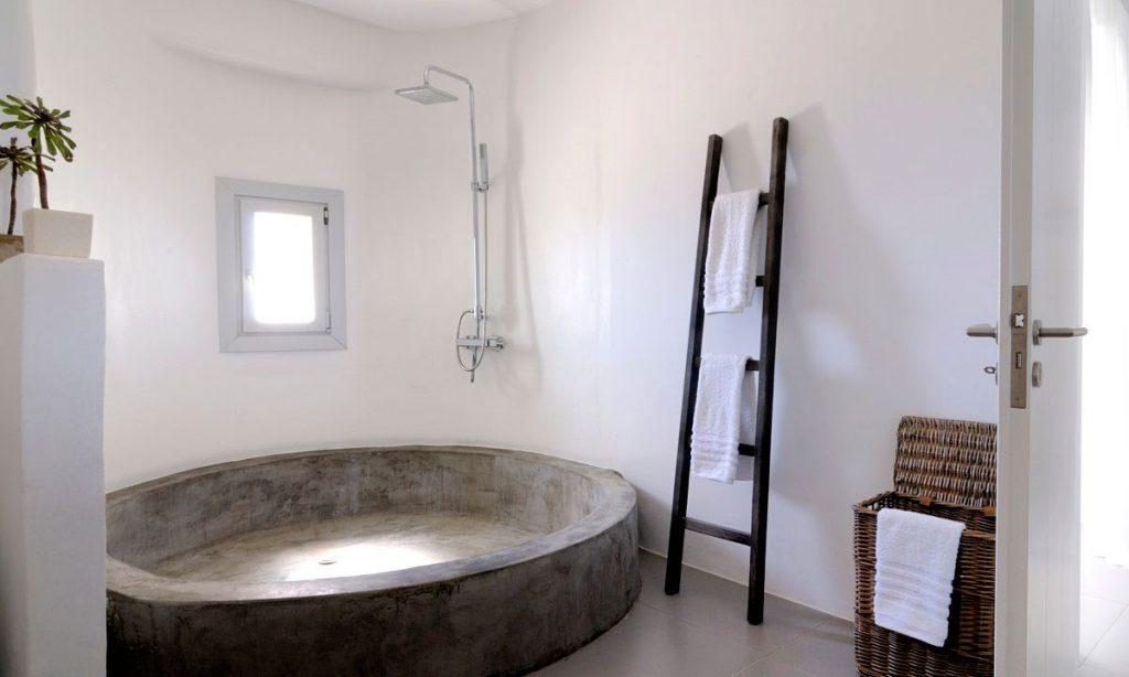 Villa Gianna, Fanari, Mykonos, Shower, Bathroom, Stairs, Towel, Window, Plant, White wall