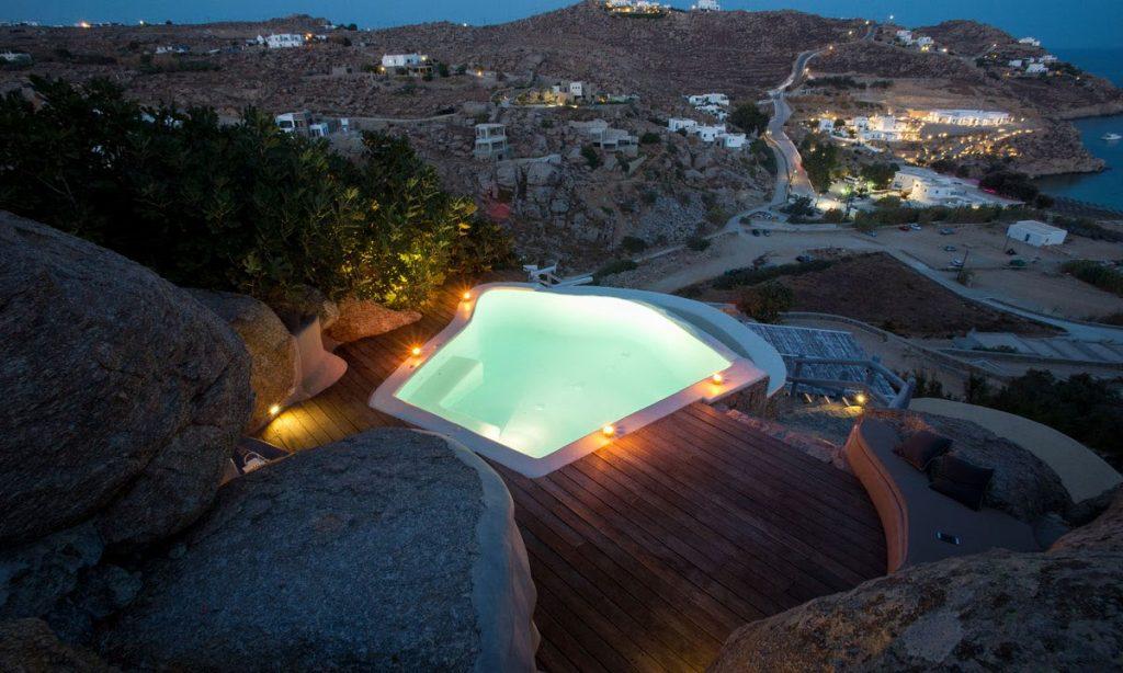 Villa Ida, Super Paradise, Mykonos, Pool, Swimming pool, Candels, Stone, Rocks, Plant, Sea, Sea view, Sky, Stairs