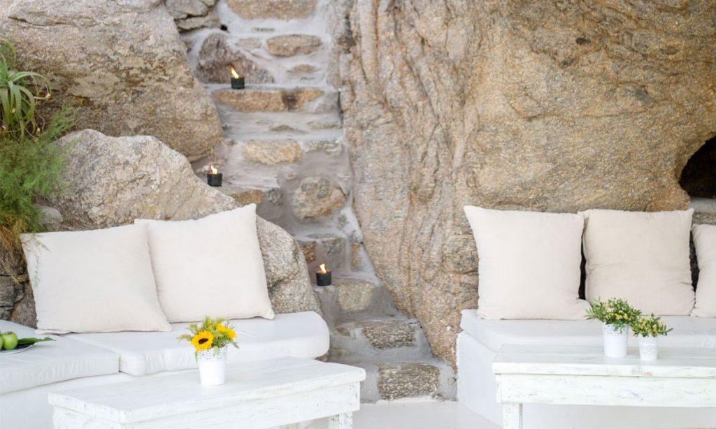 Villa Ida, Super Paradise, Mykonos, Pillows, Candels, Stones, Plants, Flowers