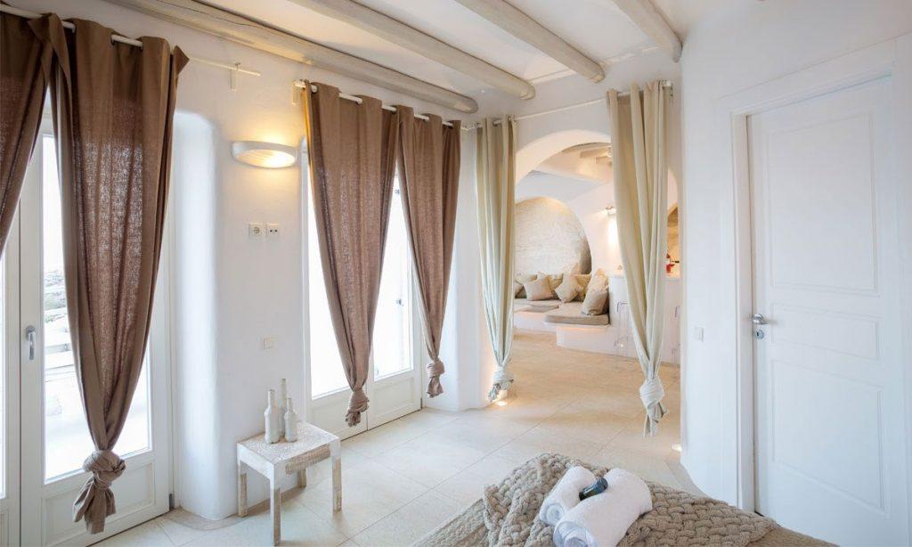 Villa Ida, Super Paradise, Mykonos, Pillows, Curtains, Windows, Door, Towels, Table, Lamps, Living room