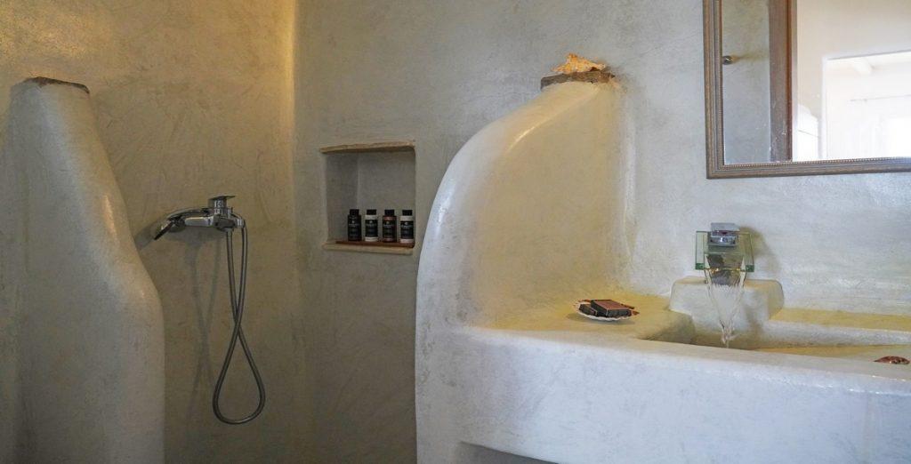 bathroom with shower and soaps at your fingertips