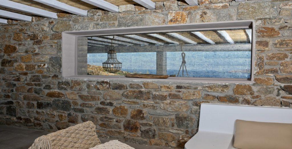 Villa-Ragnar_27.jpg Kalafatis Mykonos, window, sea view, sofa, pillow