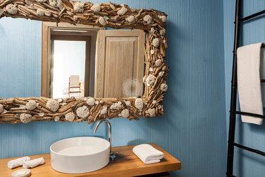 Villa_Jolly_17.jpg Agios Lazaros Mykonos 2nd Bathroom, mirror, towel, washstand