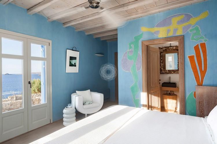 Villa_Jolly_18.jpg Agios Lazaros Mykonos 3rd Bedroom, door, bed, pillows, paint