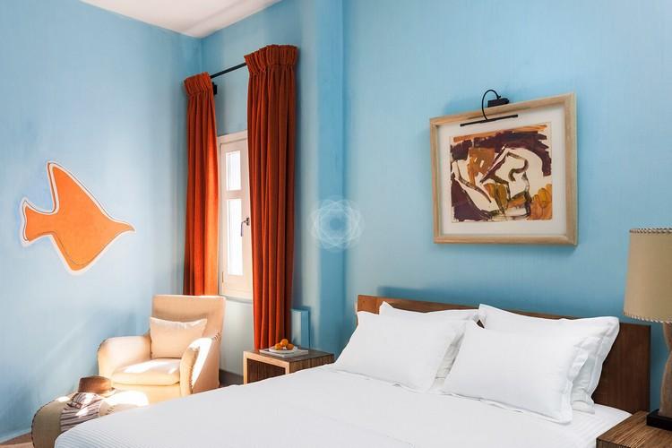 Villa_Jolly_25.jpg Agios Lazaros Mykonos 2nd Bedroom, bed, pillows, paint, curtains, chair
