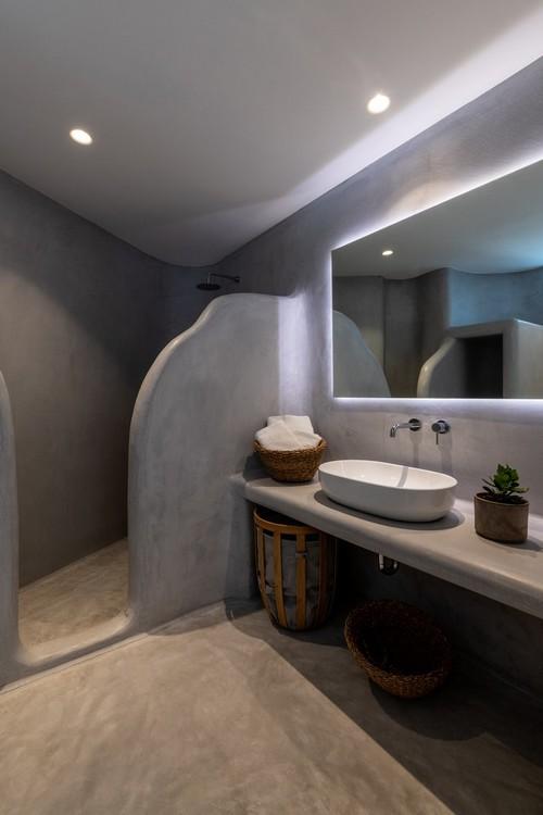 Villa_Madona_22.jpg Tourlos Mykonos 2nd Bathroom, shower, mirror, lamp, washstand, towels