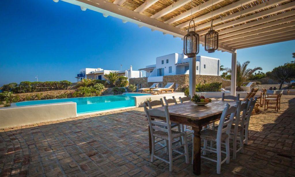 Villa Aggie I Paraga Mykonos, Outdoor View, Pool, Sea view, Terrace, Tabels, Chairs, Sunbeds