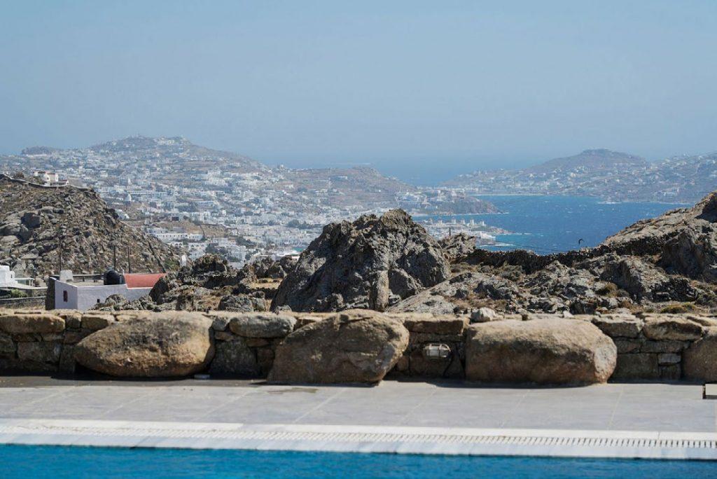 Villa Umabel, Agios Stefanos, Mykonos, Swimming pool, Pool, Stone wall, Sky, Sea
